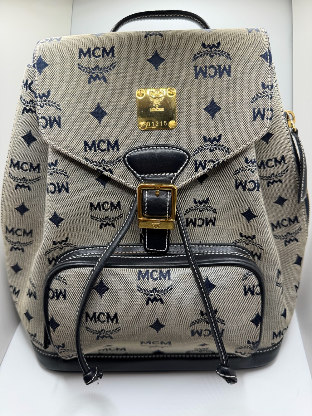 MCM Monogram Jacquard Canvas Mini Drawstring Backpack Grey Black EUC